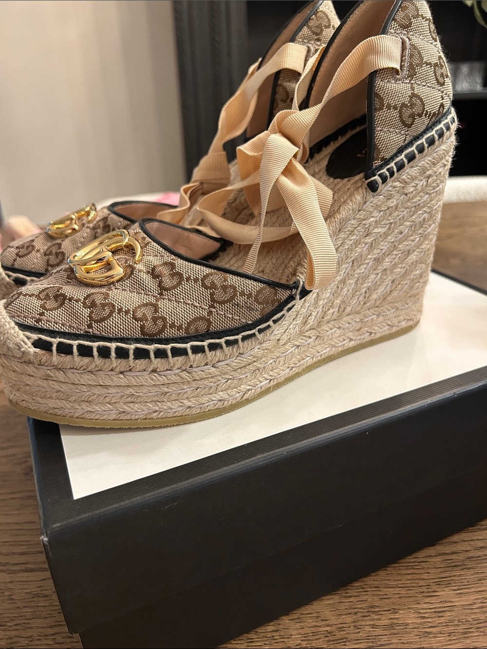 Gucci Beige GG Monogram Espadrille Wedges Matelasse